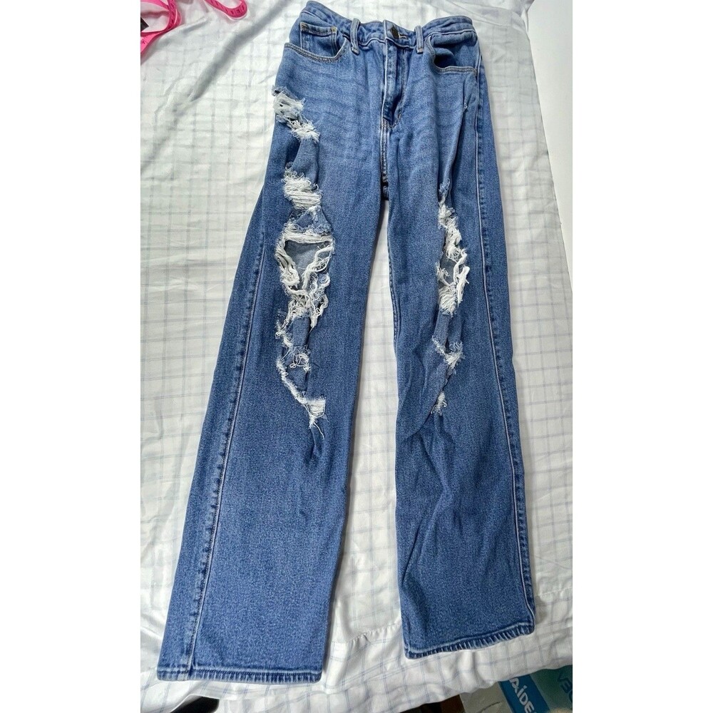 Hollister Ultra High-Rise Dad Jean - Distressed Blue - Size 0R (W24 L31)